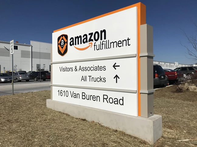 Amazon Monument Business Sign - Photo of the Completed installation at Amazon of the Lehigh Valley in Easton PA - This Business Entrance Sign helps with navigation for employees and conveys the company image as a first impression for all visitors to the facility