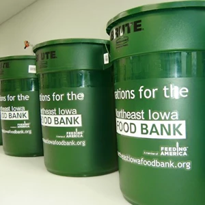 Graphics applied to trash cans for local food bank