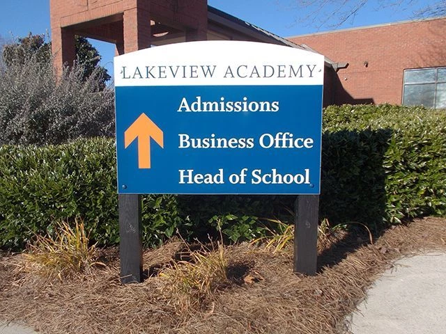 Blue Post and Panel Directional Sign for Lakeview Academy