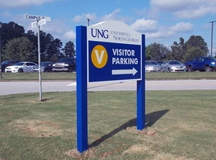 Blue Post and Panel Directional Sign for University