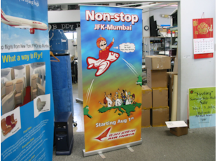 Banner stands for non-stop JFK-Mumbai