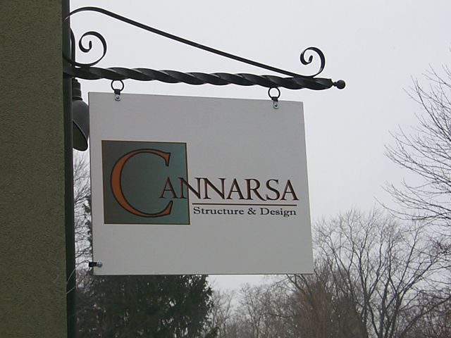 Digital printed vinyl w/ lamination on MDO sign on Scroll Bracket