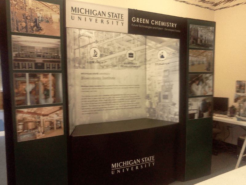 Hero 17 fabric with 22mil plastic attached with Velcro. Counter top with lit header.