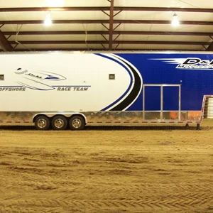28 Foot Race Boat Trailer for D & M  Motorsports Half Wrap in Blue with Extended Graphics