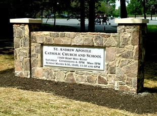 Faux Stone Monument Sign for St. Andrew Apostle Catholic Church and School in Rockville, MD