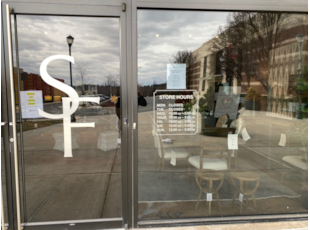 Custom cut window graphics business logo and store hours