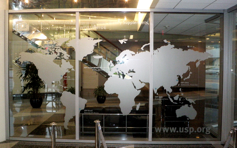 Frosted vinyl applied to glass wall in lobby