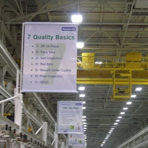 row of banners in assembly area