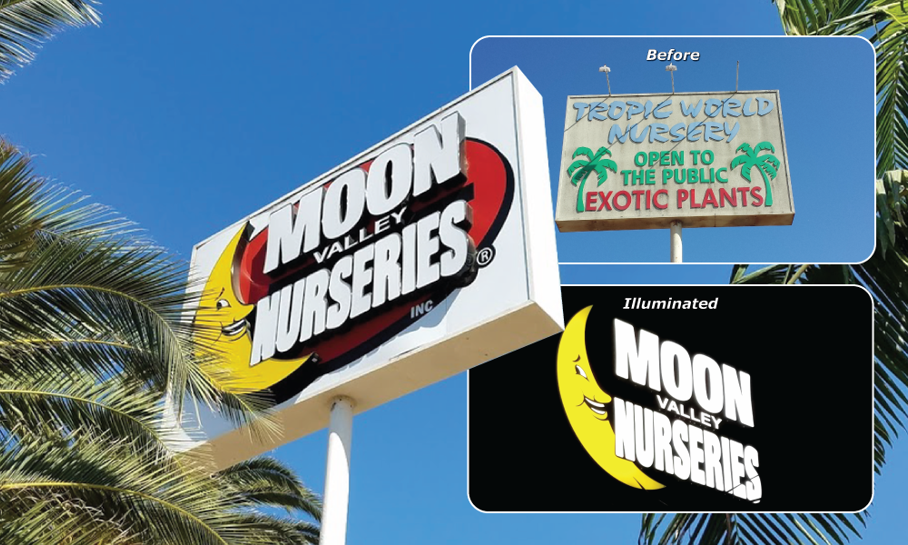 MOON VALLEY NURSERIES PYLON SIGN - The dated pylon sign at the entry of Moon Valley's PARADISE PALMS location in Escondido wasn't a good representation of SoCal's fastest growing... (more)