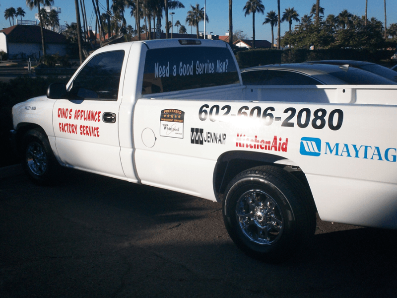 Truck lettering Dino's Appliance