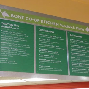 Sign panels, digitally printed with a wood grain effect, look great at the Co-op