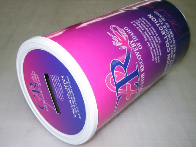 A custom-made donation collection can for Casting For Recovery