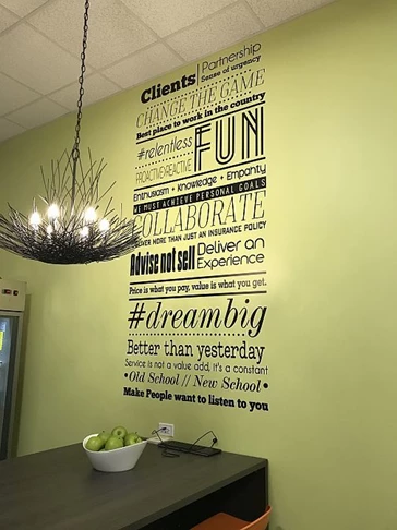 Custom Interior vinyl lettering word wall with multiple fonts