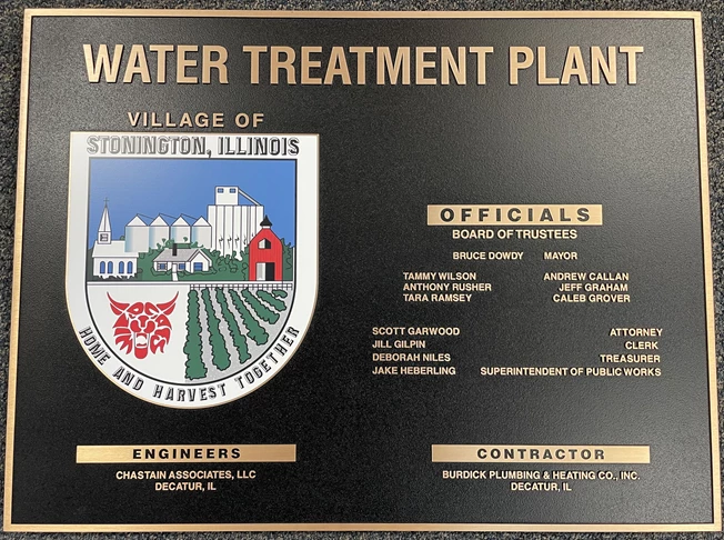 Another Municipal forever plaque for the new Stonington, Il water treatment plaque. Signs By Tomorrow - 815 436-0880