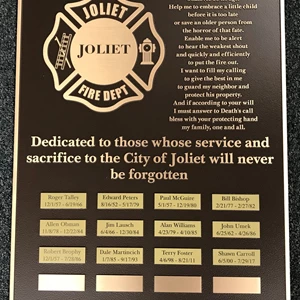 Large bronze dedication plaque for fallen fire fighters Joliet Fire Department