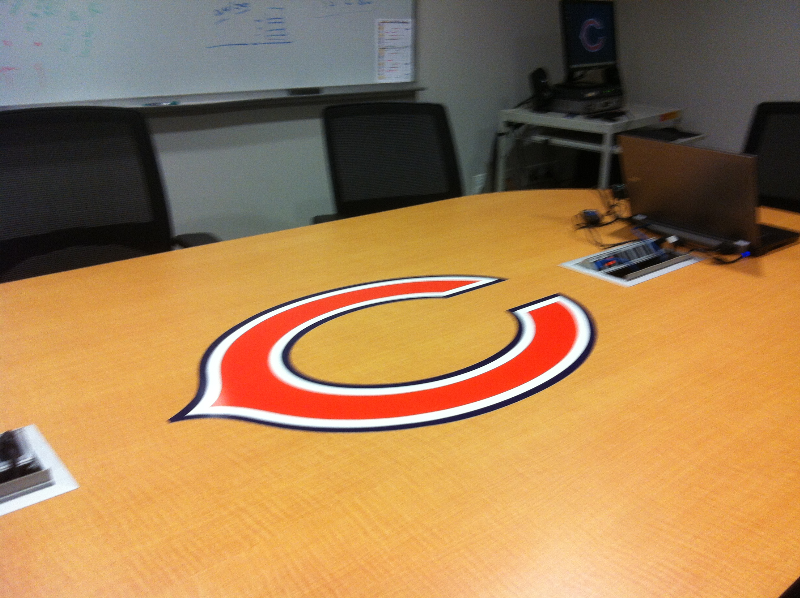 Custom 3M printed Chicago Bears Logo applied on a conference table at Halas Hall.