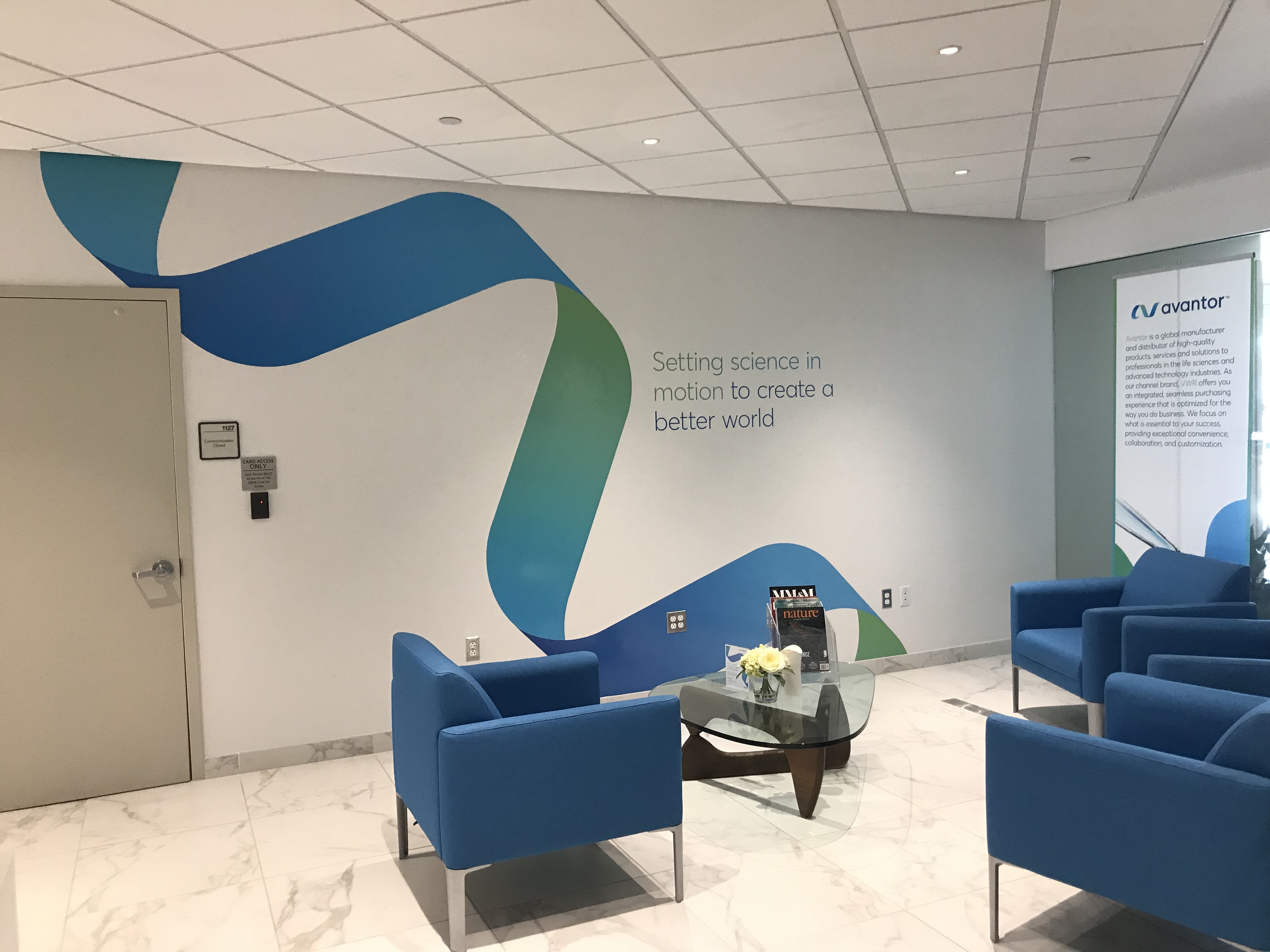 Custom corporate interior wall graphics and lobby branding installed in Philadelphia, PA. Large-format environmental graphics create a modern, professional atmosphere while reinforcing brand identity for employees and visitors.