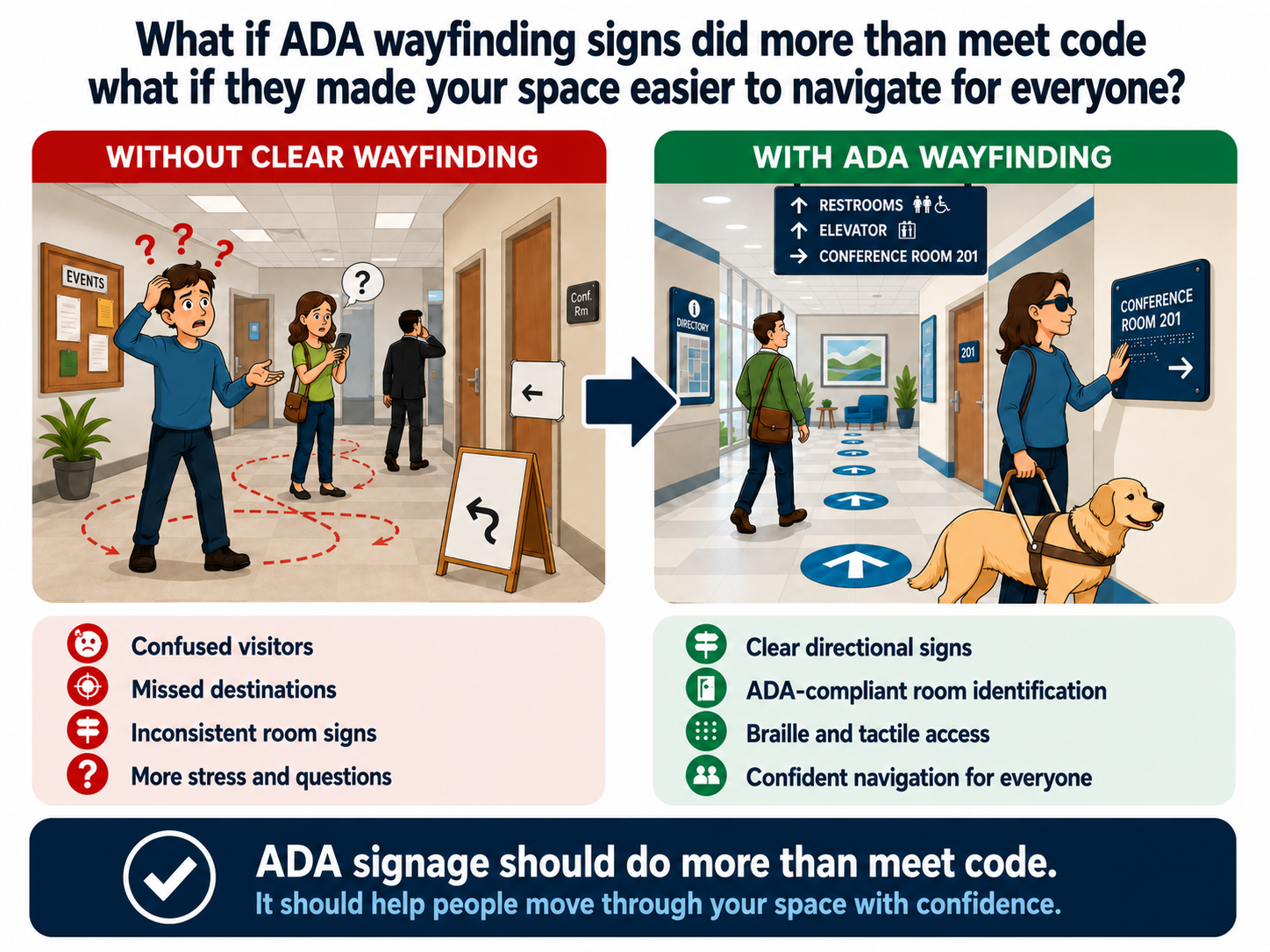 What if ADA wayfinding signs did more than meet code and helped everyone navigate your space with confidence?