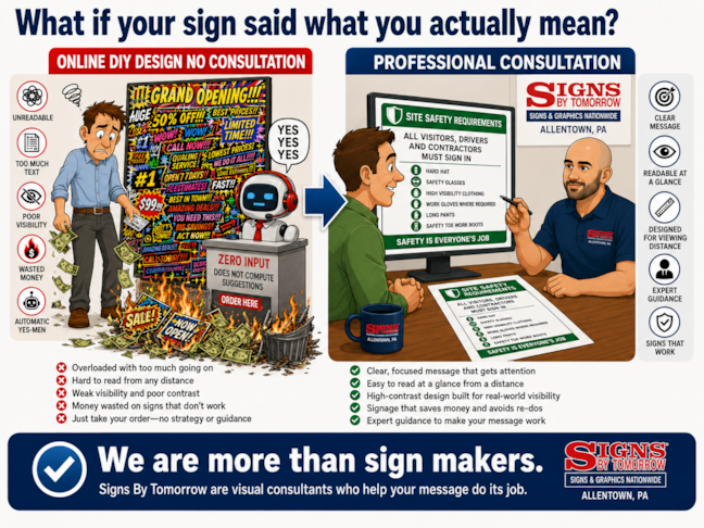 Online DIY sign design versus professional sign consultation showing why clear messaging, readability, and expert guidance matter