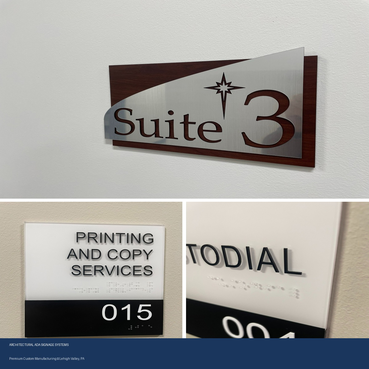 A dimensional side profile showing the layered thickness of our architectural corporate signage, featuring cut-out custom lettering and architectural curves.ADA Signage & Compliance – Allentown Lehigh Valley PA