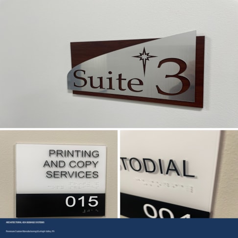 A dimensional side profile showing the layered thickness of our architectural corporate signage, featuring cut-out custom lettering and architectural curves.ADA Signage & Compliance – Allentown Lehigh Valley PA