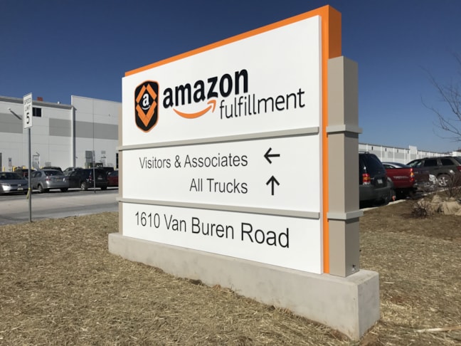 Amazon Monument Business Sign - Photo of the Completed installation at Amazon of the Lehigh Valley in Easton PA - This Business Entrance Sign helps with navigation for employees and conveys the company image as a first impression for all visitors to the facility