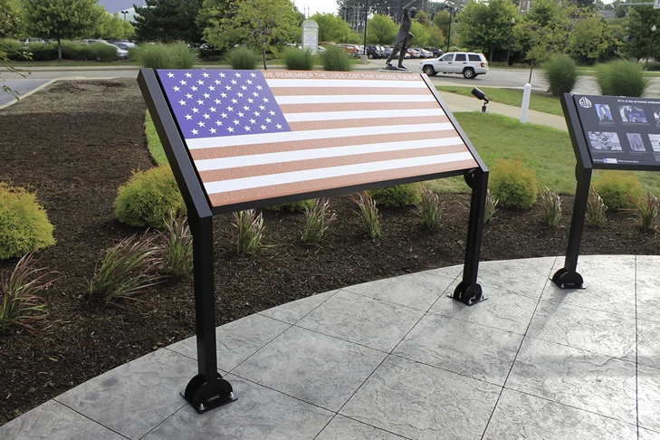 Interpretive Sign for 9/11 Memorial with USA flag