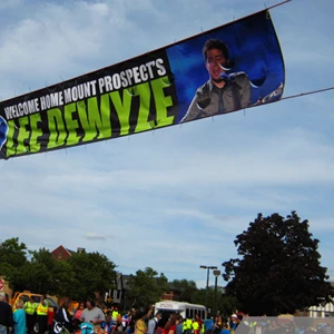 5'x30' Street Banner with Wind Slits to welcome Almerican Idol Lee Dewyze - Mt. Prospect