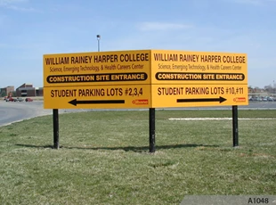 MDO Construction Signs on Wooden Posts installed in a V-Shape - Harper College, Palatine, IL