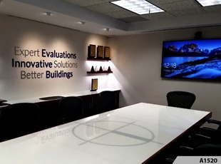 3-Dimensional Letters and digitally printed glass table; that's one way to transform your Conference Room - Building Technology Consultants, Arlington Heights, IL