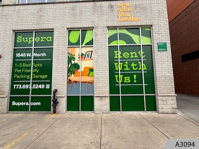 Advertise and promote Chicagoland and Northwest suburb property real estate with block-out privacy window film covering open windows of unoccupied buildings.