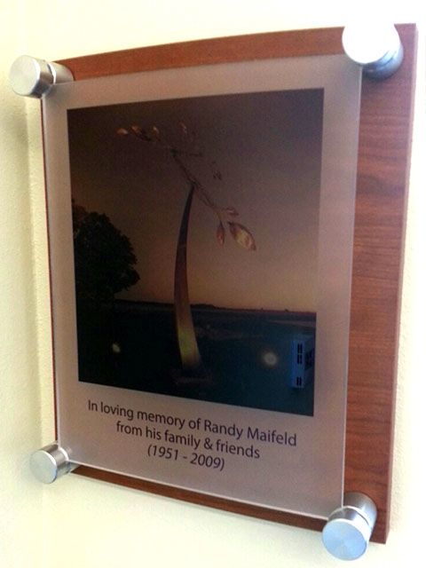 Frosted Plexi Sign with Brushed Steel Standoffs on a Wood Plaque