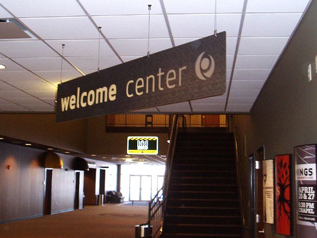 Interior hanging sign for welcome center at local church